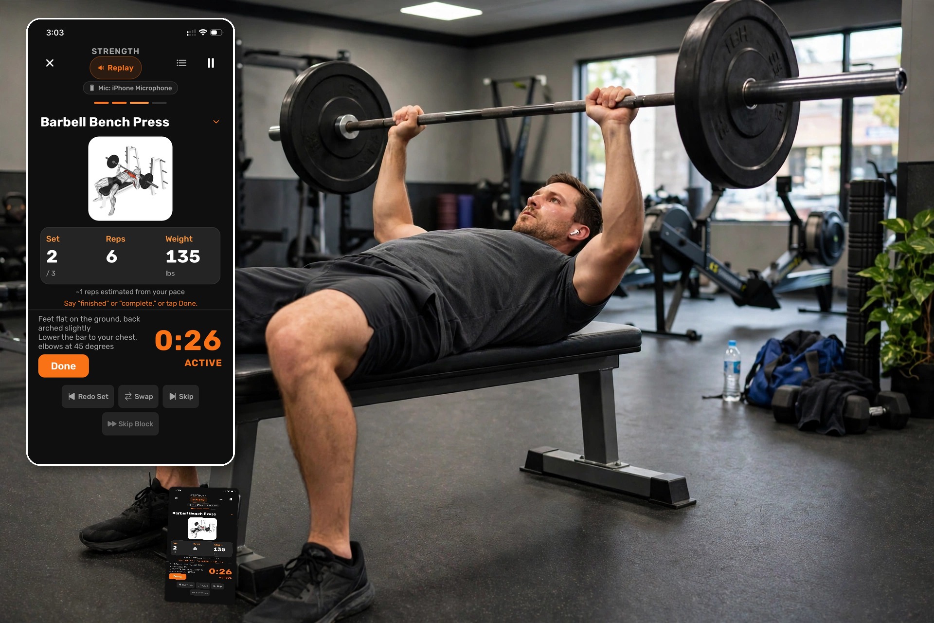 Person bench pressing with the Q Coach app on their phone, with an enlarged view of the app screen
