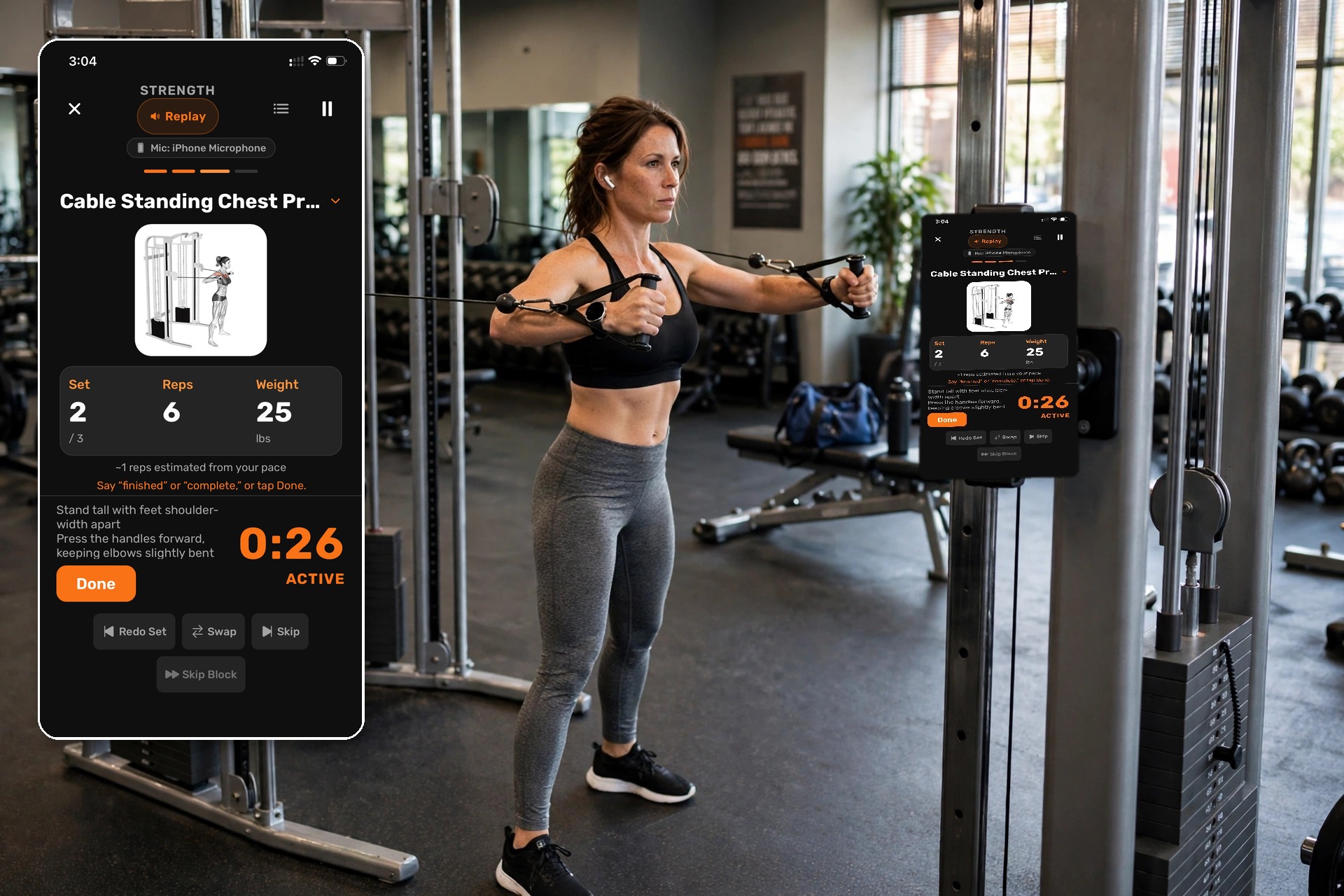 Person doing a cable press with the Q Coach app on their phone, with an enlarged view of the app screen