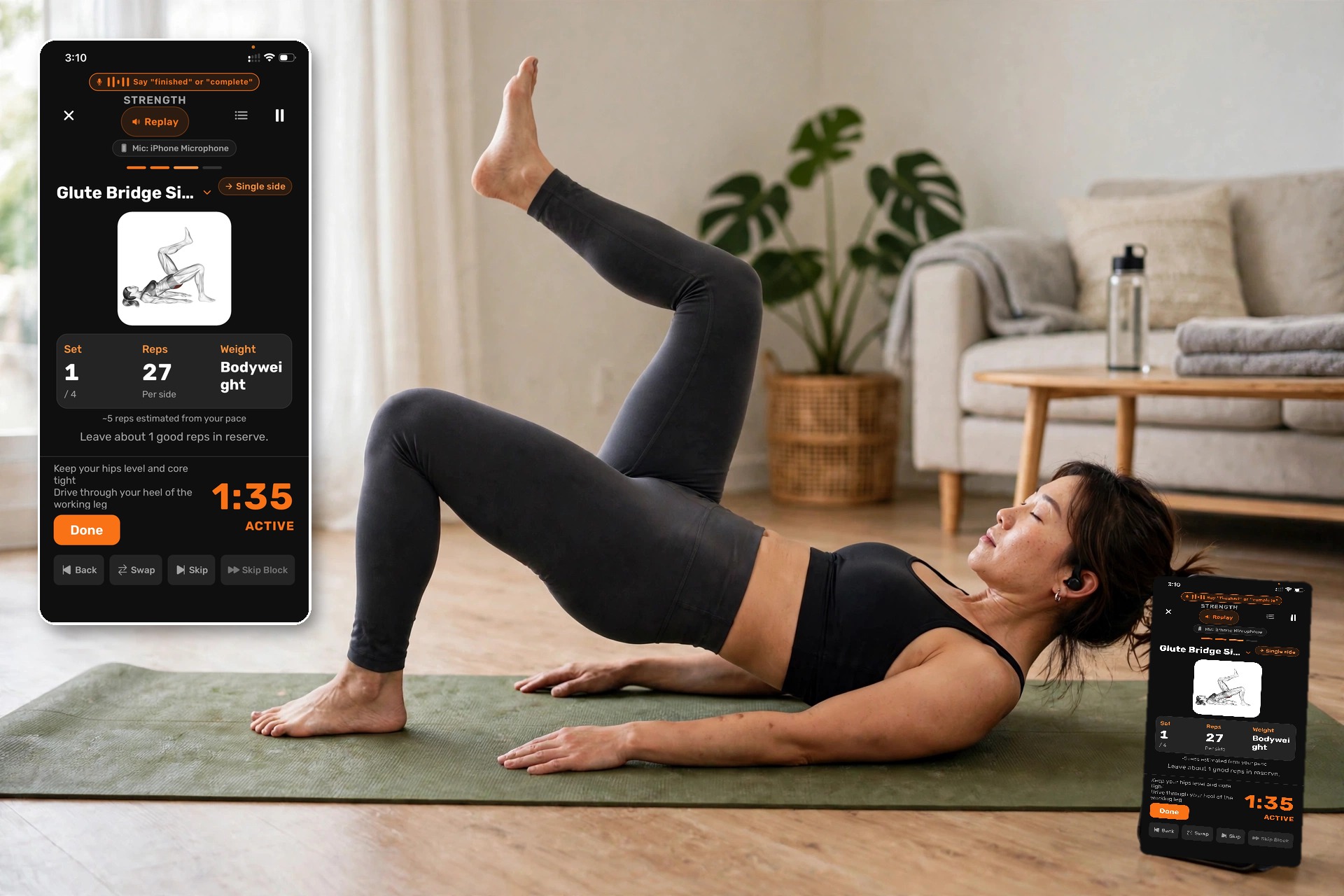 Person doing a glute bridge with the Q Coach app on their phone, with an enlarged view of the app screen