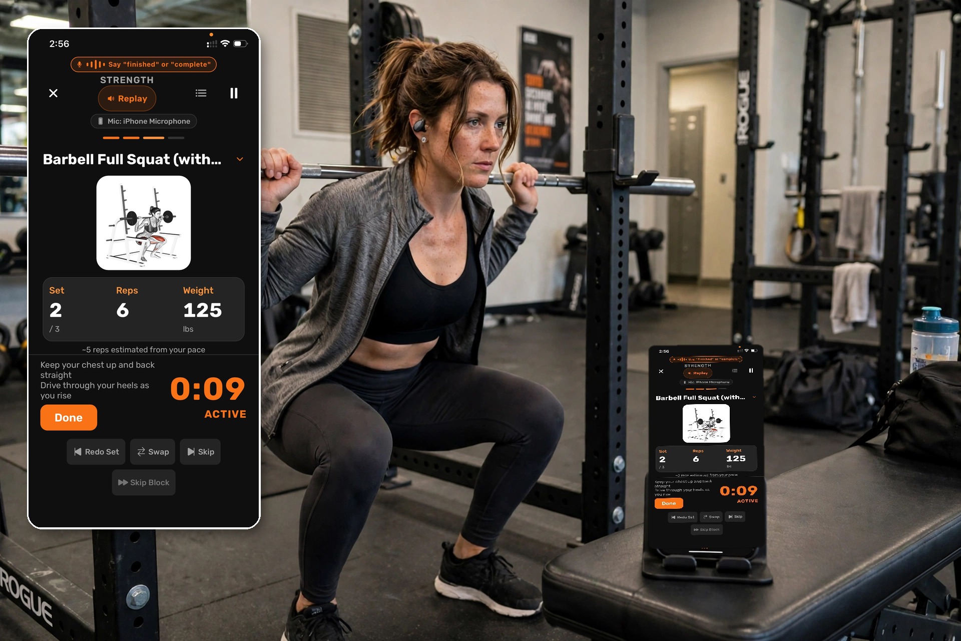 Person squatting mid-workout with the Q Coach app coaching on their phone, with an enlarged view of the app screen