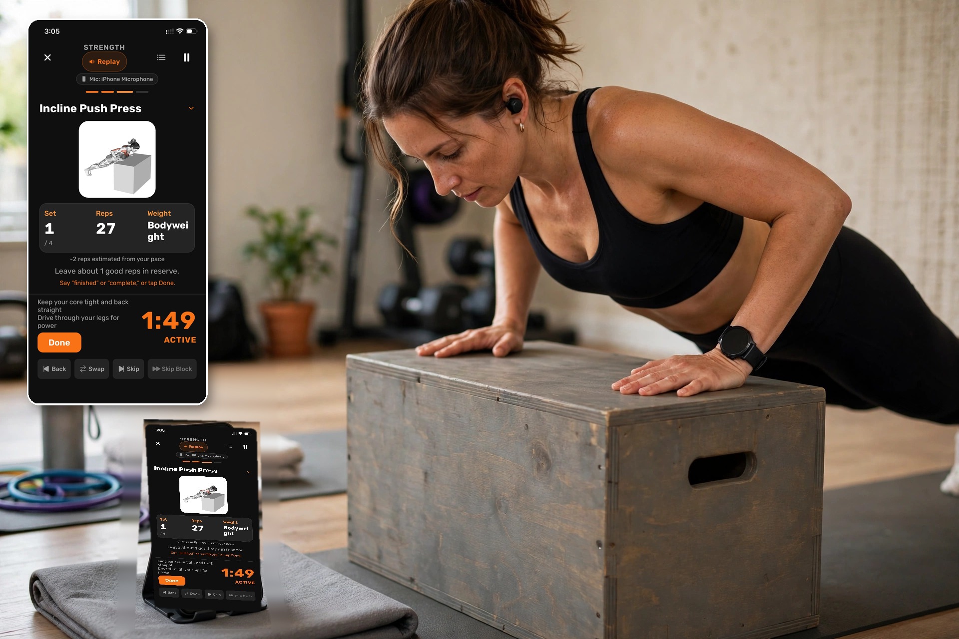 Person doing an incline push-up with the Q Coach app on their phone, with an enlarged view of the app screen