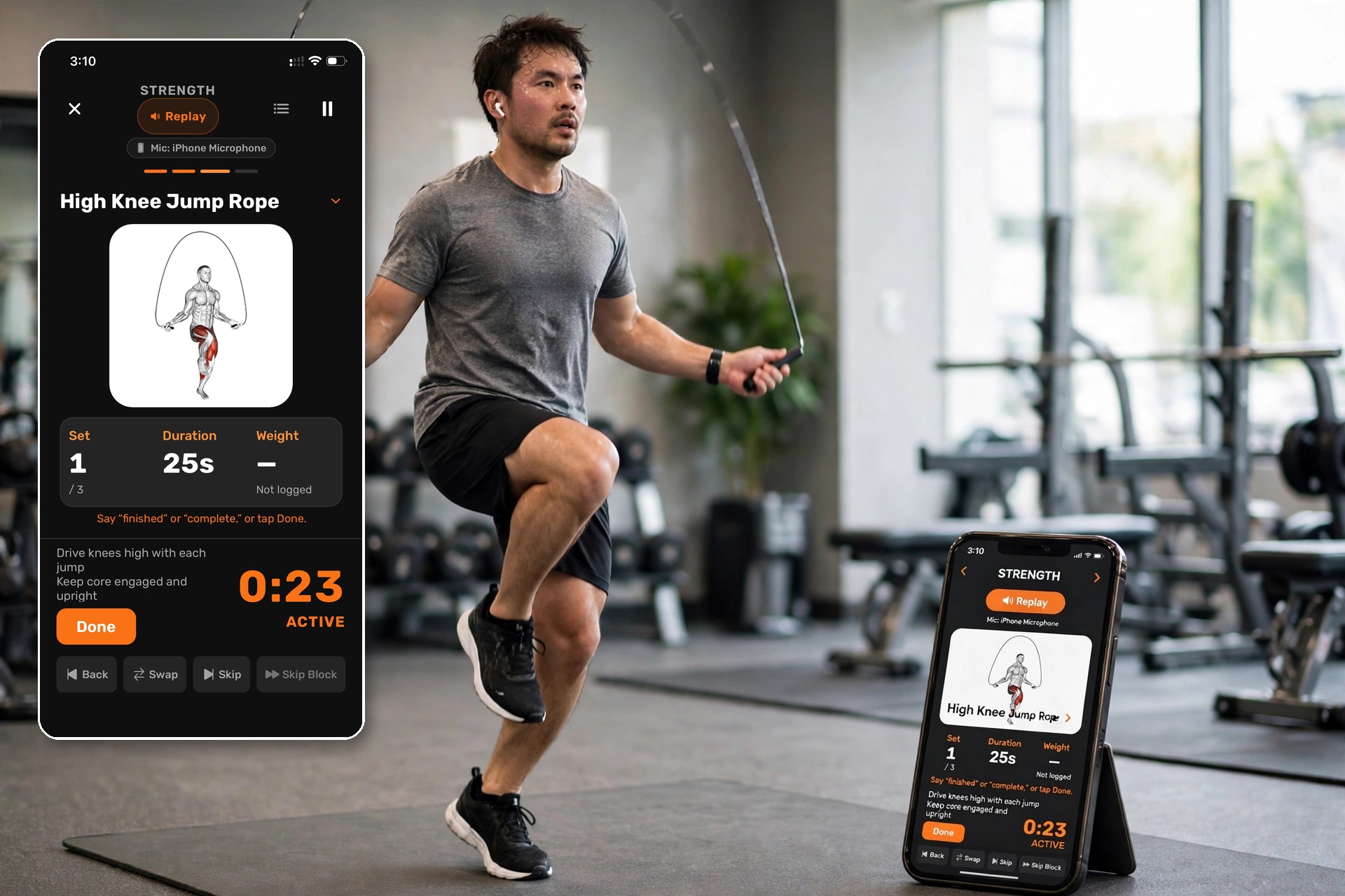 Person jumping rope with the Q Coach app on their phone, with an enlarged view of the app screen